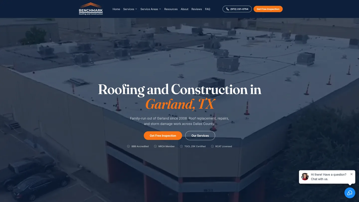 Benchmark Roofing & Construction website homepage, built by Absolve