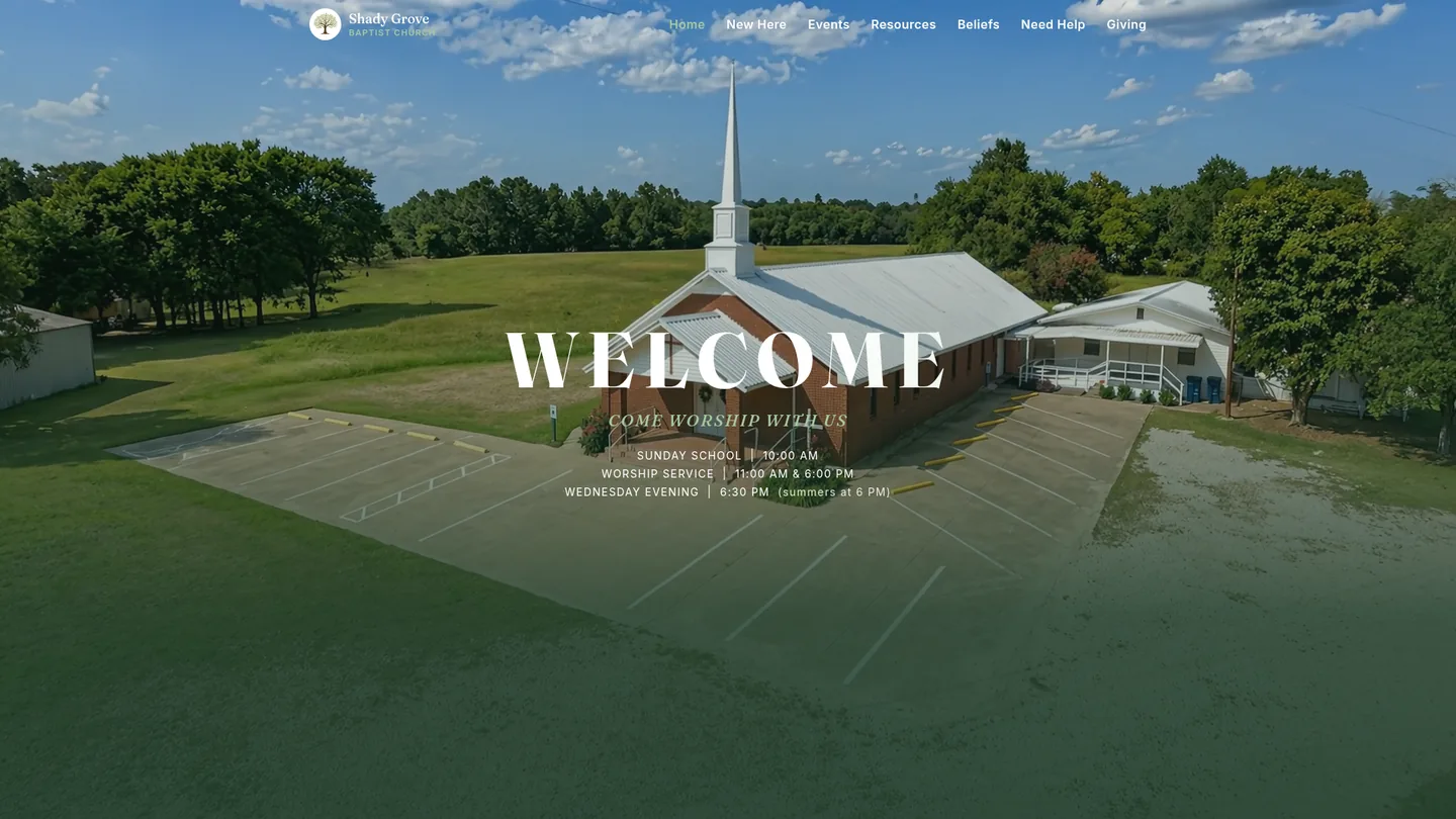 Shady Grove Baptist Church website homepage, built by Absolve
