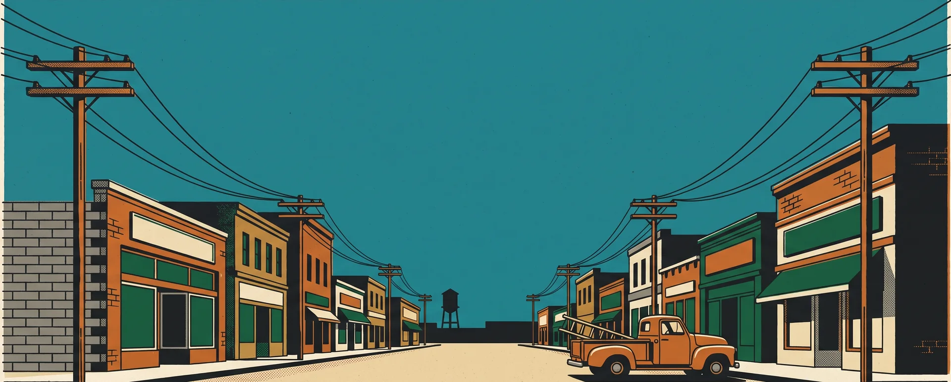A silkscreen illustration of a small-town main street of trade businesses under a wide open sky, with a work truck parked at the kerb.